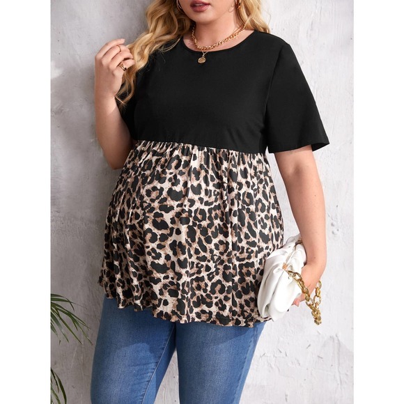 PLUS SIZE Maternity Leopard Ruffle Hem short sleeve tee black tan - Picture 5 of 5